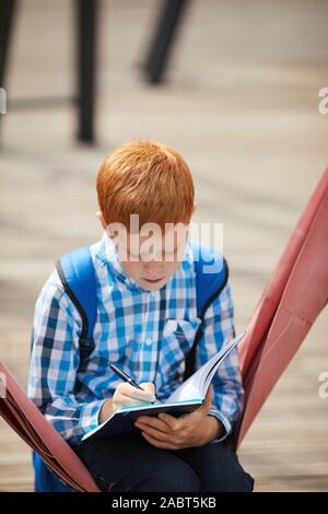 Red haired schoolboy sitting on the swing and making notes in his notebook he doing his homework outdoors Stock Photo