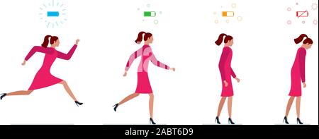 Life energy full and tired businesswoman. Powerful person with high charge and uncharged battery level indicators. Worker female concept. Business woman running and low power weak walking illustration Stock Vector
