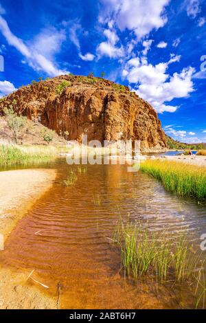 Glen Helen Gorge is part of the West MacDonnell Ranges in a remote part of the Northern Territory in central Australia. Stock Photo