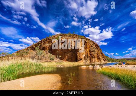 Glen Helen Gorge is part of the West MacDonnell Ranges in a remote part of the Northern Territory in central Australia. Stock Photo