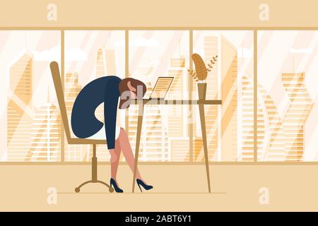 Professional burnout syndrome. Exhausted tired female manager in office sad boring sitting head down on laptop. Frustrated worker mental health problems. Vector long work stress day illustration Stock Vector