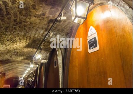 Barrels in the mediaeval wine cellar, 1395,  Hôpital Civil, Strasbourg, Alsace, Grand Est, France Stock Photo