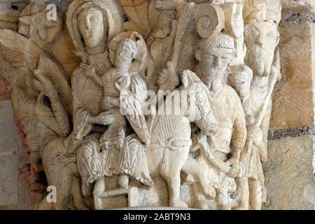 Fleury Abbey is one of the most celebrated Benedictine monasteries.  Holy family. The flight into Egypt.  Column. Sculpture.  Saint Benoit sur Loire. Stock Photo