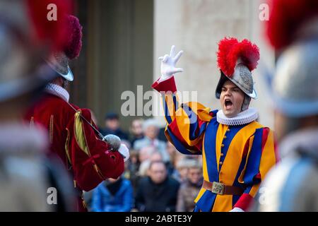 Swiss Guards attend a swearing in ceremony for the new Swiss Guards recruits in San Damaso Courtyard in Vatican City, Vatican. Stock Photo
