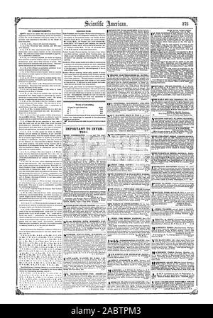 TO CORRESPONDENTS. Important Items. Terms of Advertising. IMPORTANT TO INVEN TORS. APITALISTS WANTED TO TAKE PAT. Mt HE WOODRUFF de BEACH IRON WORKS. YOSHE EUROPEAN MINING JOURNAL RAIL  1855 SCIENTIFIC AMERICAN INC., 1855-08-04 Stock Photo