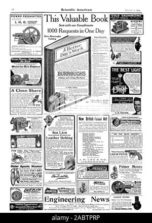 Not a Burroughs Catalog T POWER REQUISITES INTERNATIONAL HARVESTER CO. OF AMERICA 6reet Power-Small Cost No Risk Waterloo Gas Engines A Clean Shave CRESCENT WOOD WORKING TAPES AND RULES LUFKIN RULE CO. TheBall Transmission 31 Automobiles &MotorBoats 414 Greenfield Massachusetts ELMETOIL New British Patent Act p. 0. Box 580 New York City New York ENDETS ENGINE ROYAL EQUIPMENT CO. COLD GALVANIZING. AMERICAN PROCESS NO ROYALTIES NICKEL Electra-Plating hparatos soa Maims' ince Hanson & Van1Ninkle Co. LET THE RED DEVIL WATER MOTOR DO YOUR WORK The 'BOW TO REMEMBER' You ere no greeter Intelleele Ily Stock Photo