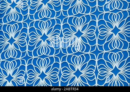 Knitted weave on a mesh of air loops on a blue background. Stock Photo