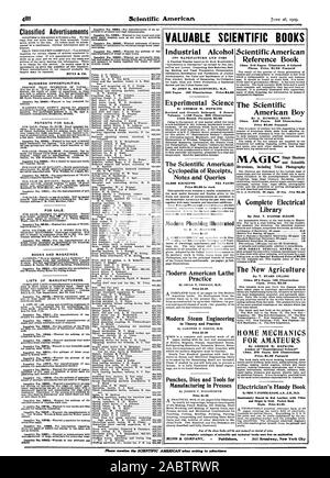 Classified Advertisements necessary to give the number of the inquiry. MUNN tlk CO. BUSINESS OPPORTUNITIES. PATENTS FOR SALE. FOR SALE. BOOKS AND MAGAZINES. LISTS OF MANUFACTURERS. plants. photographs. VALUABLE SCIENTIFIC BOOKS Industrial Alcohol ITS IITANYFACTURE AND USES By JOHN K. BRACH VOGEL M.E. Experimental Science By GEORGE M. HOPKINS Revised and Greatly Enlarged. 2 Octav Volumes. 1100 Pages. 900 Illustrations Cloth Bound. Postpaid 85.00 The Scientific American Cyclopedia of Receipts Notes and Queries 15000 RECEIPTS 734 PAGES Modern Plumbing Illustrated Price $4.00 flodern American Stock Photo