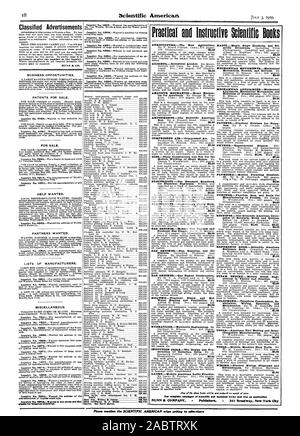 Classified Advertisements necessary to give the number of the inquiry. BUSINESS OPPORTUNITIES. PATENTS FOR SALE. FOR SALE. HELP WANTED. PARTNERS WANTED. LISTS OF MANUFACTURERS. MISCELLANEOUS. inaatry No. MISS.-Wanted to buy crown and tint glasses for telescope obiectives. Faulk  925.571 Shoe tree Wilder & Cowan 925786 Shoe ventilator H. I. Hicks 926772 Shovel. See Snow shovel. Practical and Instructive Scientific Books AGRICULTURE.-The New Agriculture AMATEUR MECHANICS.-Home Mechan DIES.-Their Construction and Use for the Modern Working of Sheet Metals. By ELECTRICITY.-The Standard Handbook GA Stock Photo