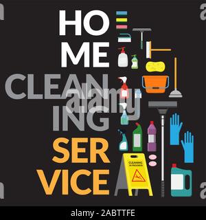 vector set of household supplies cleaning product , tools of house cleaning isolated on black background. template with copy space for text and logo f Stock Vector