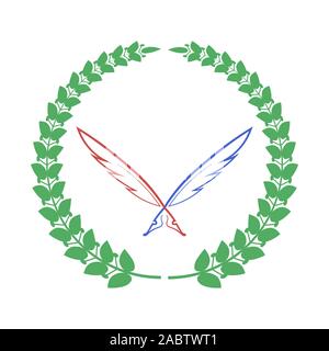 Red Blue Feathers and Green Laurel Icon Isolateed on White Background Stock Vector
