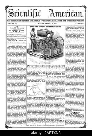 THE ADVOCATE OF INDUSTRY AND JOURNAL OF SCIENTIFIC MECHANICAL AND OTHER IMPROVEMENTS DAVIS AND POTTER'S OSCILLATING PRESS. Scientific American, 1857-08-29 Stock Photo