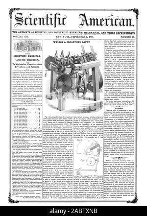 THE ADVOCATE OF INDUSTRY AND JOURNAL OF SCIENTIFIC MECHANICAL AND OTHER IMPROVEMENTS WALTON & EDGARTON'S LATHE. SCIENTIFIC AMERICAN., 1857-09-05 Stock Photo