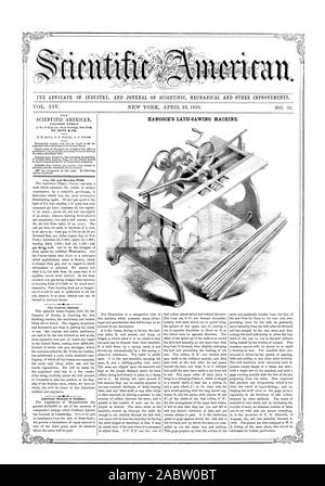 THE ADVOCATE OF INDUSTRY AND JOURNAL OF SCIENTIFIC MECHANICAL AND OTHER IMPROVEMENTS. HANCOCK'S LATH-SAWING MACHINE., scientific american, 1859-04-23 Stock Photo