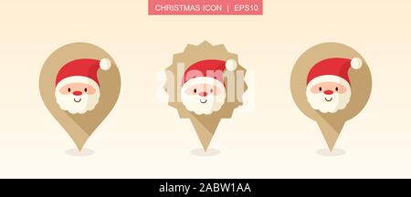 Santa Claus face pin map icon. Merry Christmas and Happy New Year. Christmas Map pointer. Map markers. Isolated vector illustration Stock Vector