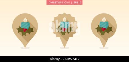 Christmas candle pin map icon. Merry Christmas and Happy New Year. Christmas Map pointer. Map markers. Isolated vector illustration Stock Vector