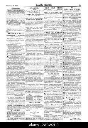 FEBRUARY 1 1868 J. A. FAY ft CO. OIL! OIL!! OIL!!! EXPOSITION UNIVERSELLE PEASE'S IMPROVED OILS! HARRISON BOILER DESTRUCTIVE EXPLOSION. OF THE ROCKY MOUNTAINS., scientific american, 1868-02-01 Stock Photo
