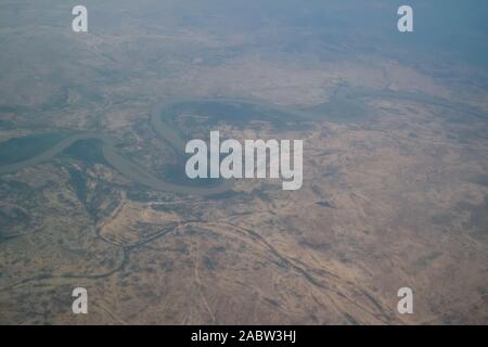 aerial aeroplane view to Chari or Shari River as natural border between Chad and Cameroon Stock Photo