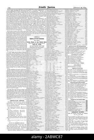 COMMUNICATIONS RECEIVED. Index of Inventions Letters Patent of the United States [AUGUST 22 1874. TRADE MARKS REGISTERED. SCHEDULE OF PATENT FEES. CANADIAN PATENTS., scientific american, 1874-08-22 Stock Photo