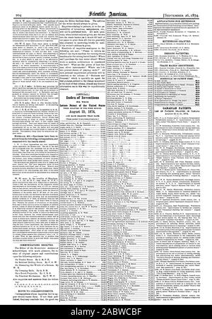 SEPTEMBER 26 1874. COMMUNICATIONS RECEIVED. Index of Inventions Letters Patent of the United States August 25 1874 SCHEDULE OF PATENT FEES. CANADIAN PATENTS., scientific american, 1874-09-26 Stock Photo
