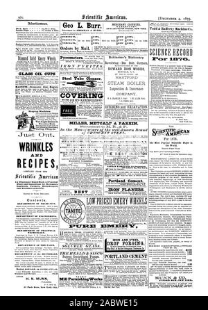 DECEMBER 4 1875. Back Pare  $1.00 a line. MERCHANT CLOTHIER WAREHOUSES: OVERCOATS OVERCOATS Orders by SCIENCE RECORD SUITS 1 S eI0 t UITS 1 to $20. Steel Tube Cleaner. OITERING GLASS OIL CUPS MAGYETS-Permanent teel Magnet Shaping Machines Worcester Mass. WRINKLES AND RECIPES A n Illustrated Hand-Book of Practical Hints and Suggestions for Mechanics Engineers Farmers Housekeepers and Workmen generally. DEPARTMENT OF MECHANICS. DEPARTMENT OF ENGINEERING. DEPARTMENT OF PRACTICAL TECHNOLOGY. DEPARTMENT OF THE FARM. Mailed post paid on receipt of 91.50. Address H. N. MUNN 37 Park Row New York City