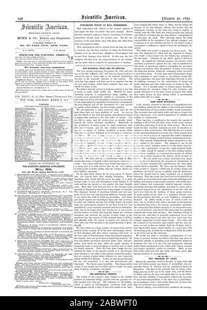 1845. PUBLISHED WEEKLY AT 0. D. MUNN. A. E. BEACH. TERMS FOR TUE SCIENTIFIC AMERICAN. The Scientific American Supplement Contents. THE SCIENTIFIC AMERICAN SUPPLEMENT For the Week ending Illarch 311877. PUBLISHERS' NOTICE TO MAIL SUBSCRIBERS. OUR NATIONAL TRIAL AND ITS RESULTS. THE ASHTABULA VERDICT. IRON FRONT BUILDINGS. THE THEORIES OF LIGHT., 1877-03-31 Stock Photo