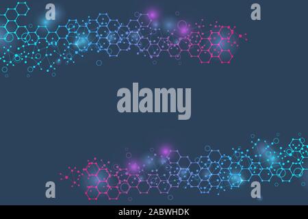 Abstract geometric hexagonal molecular structures in technology background. Structure molecule and communication. Dna, atom, neurons. Stock Vector