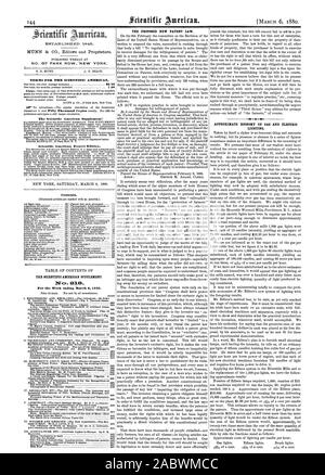 NO. 87 PARK ROW NEW YORK. TERMS FOR THE SCIENTIFIC AMERICAN. The Scientific American Supplement1 Scientific American Export Edition. Contents. THE SCIENTIFIC AMERICAN SUPPLEMENT 123. For the Week ending March 6 1880. THE PROPOSED NEW PATENT LAW. APPROXIMATE ECONOMY OF GAS AND ELECTRIC LIGHTING., 1880-03-06 Stock Photo