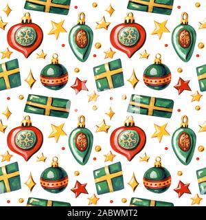 Christmas seamless pattern. Merry background with Christmas decorations, gift boxes and stars isolated on a white background. Suitable for printing on Stock Photo
