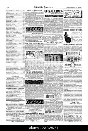 English Patents Issued to Americans. THE VITRIFIED EMERY WHEEL. VITRIFIED wntEi. CO. MASON'S PATENT SOMETHING ENTIRELY NEW. NEWSPAPER FILE MUNN & CO. STEAM PUMPS. . THE HOLLY H.B.SMITH MACHINEC?.) MUNN & CO. 37 Park Row New York. $20 COMFORT FOR $2. WAYMOTH LATHE. THE NEW AUTO-LITHOGRAPH! -   PAT EN1r c OLD ROLLED SHAFTING. NOTICE TO ARCHITECTS., scientific american, 80-09-11 Stock Photo