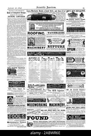 WAREHOUSE 96 CHAMBERS ST. NEW YORK. PAT. K EY SEAT CUTTER TREVOR & Co.LOCKPORTN.Y. the yr.r prrosIt r forfeIt SI 0nee per P e10 .100 dirmion :Wad and pnotpind 25 teems. 41tor ON 30 DAYS' TRIAL! We will Send on 30 Days' Trial VOLTAIC BELT CO. Marshall Mich.  Every Mechanic Needs a Good Knife and Here It Is! PENs. A ONGS One Cen.t Each. CLARE'S RUBBER WHEELS. WOODWORKING MACHINEIY MANUFACTURERS OF WIRE ROPE BRIDGE CABLES SHIP RIGGING Tramway Ropes Champion Barbed Wire etc. FOUND ROCK BREAKERS Al In ORE CRURRERS. Punching Presses F usmumfasts oCallftrulaci, scientific american, 1882-01-28 Stock Photo