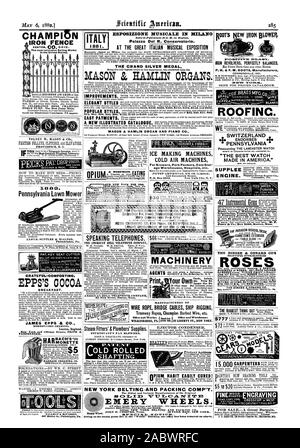 THE DINCEE & CONARD CO.  BUFFALO HARDWARE C° SWAN ST. BUFFALO N.Y. SPEAKING TELEPHONES. THE AAIERICAN BELL TELEPHONE COMPANY AMERICAN BELL TELEPHONE COMPANY 95 Milk Street Boston Mass. MACHINERY HIDEOUT A CO.10 Barclay St. N. Y. Cards Labels Larger Size $8. 18 other sizes For business pleas AGENTS Prin MANUFACTURERS OF WIRE ROPE BRIDGE CABLES SHIP RIGGING Tramway Ropes Champion Barbed Wire etc. NEW YORK BELTINC.AND PACKINC COIVIP'Y. The Oldest and Largest Manufacturers of the Original EMERY WHEELS., scientific american, 1882-05-06 Stock Photo