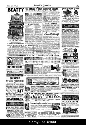 COPELAND & BACON Agents New York. NEW YORK BELTING AND PACKING COMP'Y. The Oldest and Largest Manufacturers of the Original EMERY WHEELS. „JOHN CHEEVER Treas. 19 PARK ROW NE YORK.  Stemwinding Permutation Locks art MANUFACTURERS OF WIRE ROPE BRIDGE CABLES SHIP RIGGING Tramway Ropes Champion Barbed Wire etc. $72 $5 to $20 W. C3 Sal ITINTM IRON REVOLVERS PERFECTLY BALANCED CONNERSVILLE IND. INFEANT 'nal RIK SEND FOR PRICED CATALOGUE. SPEAKING TELEPHONES. AMERICAN BELL TELEPHONE COMPANY( DEAN BROS' STEAM PUMP WORKS Boller Feeders Fire Pumps Pumping Machinery, scientific american, 1882-06-17 Stock Photo