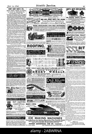 Water Elevator or Steam Jet Pump. CAVEATS COPYRIGHTS LABEL REGISTRATION B CC. Address 2461 Broadway New York. NUT TAPPING DURRELL'S PATENT. IT R AMERICAN MINUET CO. Waynesbor Pa. AUGER. ROCK BREAKERS AND ORE CRUSHERS. WIRE ROPE BRIDGE CABLES SHIP RIGGING Stemwinding Permutation Locks D. K. MILLER IAOCK. CONIPAINTY NEW YORK BELTING AND PACKING COMP'Y. The Oldest and Largest Manufacturers of the Original EMERY WHEELS. and others any PA.TENIP COLD. ROLLED SHAFTING. CARRETSON'S EXTENSION BUFFACel-VIEWARE C LADIES' fine Dutcher Knife 6 in. sent free. ICE MAKING MACHINES 1 And Machines for Cooling Stock Photo