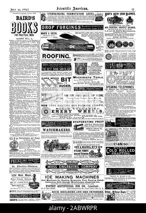 BAIRD'S FOR PRACTICAL MEN. STEM WINDING PERMUTATION LOCKS. MAHER & GROSH ROOFING. AUCER. BIB B'S FIRE-PLACE HEATERS B. C. BIBB & SON Baltimore. d. MACHINISTS' TOOLS. NEW HAVEN MA NU FACTUlt ING New Haven Conn. Tramway Ropes Champion Barbed Wire etc. NEW YORK BELTINC AND PACKINC COMP'Y. 001(10i1 EM ERY WHEELS. The Oldest and Largest Manufacturers of the Original  IRON REVOLVERS PERFECTLY BALANCED tAr PURIFIER SPEAKING TELEPHONES. THE AMERICAN BELL TELEPHONE COMPANY 95 Milk Street Boston Mass. MANURE SPREADER The Eclipse Engine LOLD ROLLED' SHAFTING. YOLNEY W. MASON hi CO. PROVIDENCE It. I. 405 Stock Photo