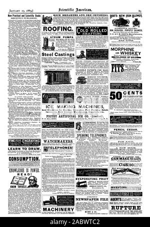 New Practical and Scientific Books LEARN TO DRAW. The Student's Guide to Practical Mechanical BORON IS POWER. READ! KNOW THYSELF. OLD ROLLED SHAFTING. PAT. KEY SEAT CUTTER VALUABLE PATENTS FOR SALE. THE RECOVERY OF SULPHUR FROM ICE MAKING MACHINES And Machines for Cooling Breweries Pork Packing Estab lishments Cold Storage Warehouses Hospitals etc. SEND FOR ILLUSTRATED AND DESCRIPTIVE CIRCULARS. ' WATCHMAKERS. TELEPHONES! Manufacturers. MACHINISTS TOOLS. MACHINERY EVAPORATINC FRUIT Till liesk lirawer or Closet. Instant SPEAKING TELEPHONES. THE AMERICAN BELL TELEPHONE COMPANY AMERICAN DIANUPG Stock Photo