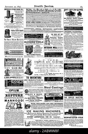 New York. TO INVENTORS 52d ANNUAL EXHIBITION Steel Castings : II SIBLEY & WARE SPECIALTIES: WHEEL OR LEVER FEED AND GEAR CUTTING. S  ROCK BREAKERS AND ORE CRUSHERS. And Machines for Cooling Breweries PoriPacking Estab lishments Cold Storage Warehouses Hospitals etc. IRON REVOLVERS PERFECTLY BALANCED Ras Fewer Parts than any ether Blower. ERE AMERICAN REAL TELEPHONE COMPANI HARTFORD CONN. ID AT EINTir OLD ROLLED SHAFTING THE DUPLEX INJECTOR. VATIONALTOOLGO. NEWSPAPER FILE NUNN & CO., scientific american, 1883-09-22 Stock Photo
