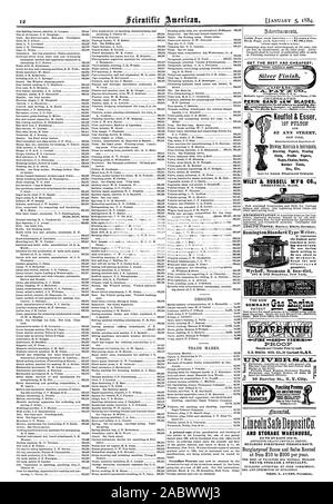 Send for new illustrated pamphlet. Wyckoff Seamans & Benedict 281 tt 283 Broadway New York. THE NEW el lacolllSafeDeposgo. AND STORAGE WAREHOUSE 32 TO 38 EAST 42d St. BUILDING FIREPROOF THROUGHOUT. TRUNK STORAGE A SPECIALTY. THOS. L. JAMES President. Keuffel & Esser 127 FULTON 42 ANN STREET Drawing Papers Tracing Cloth Profile Papers Tapes Chains Scales Rubber Tools Etc. Etc. LT INT INTM PROOF WILEY & RUSSELL M'F'0 CO. GREEN FIELD MASS. FEED WATER Punching Presses DIES AND OTHER TOOLS lortMmeoltatimas olar4.sof SHEET METAL COODS DROP FORGINCSAD., scientific american, 1884-01-05 Stock Photo