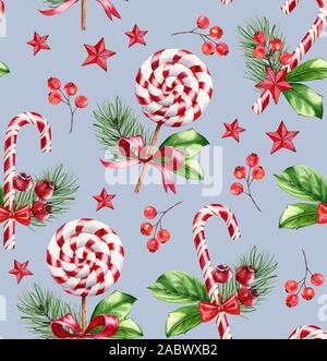 Christmas seamless pattern with red candy cane, lollypop and decor. Watercolor hand painted illustration on blue background. Surface design for winter Stock Photo