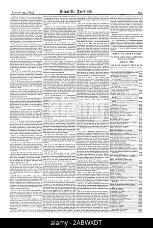 INDEX OF INVENTIONS For which Letters Patent of the United States were Granted, scientific american, 1884-08-23 Stock Photo