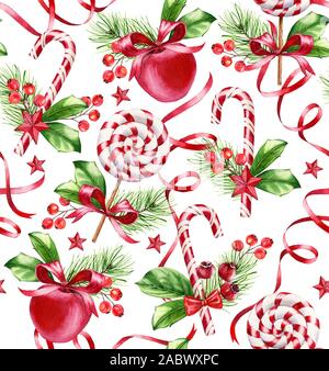 Christmas seamless pattern. Watercolor Hand painted illustration with candies, apples and red ribbons. Surface design for winter holidays, greeting Stock Photo