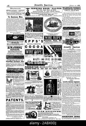 Inside Page each insertion  75 cents a line. To Business Men. MUNN at CO. Publishers 361 Broadway New York. Telegraph and Electrical S !PLIES - Roofing Building Felt Steam Packings Boiler Coverings Fire Proof Paints Cements Etc. H. W. JOHNS M'F'G CO. 87 MAIDEN LANE N. Y. INTERNATIONAL INSTITUTE FOR ICE-ROUSE AND COLD ROOMBY R. COMMON SENSE CHAIRS SETTEES PATENTS. CRATEFUL-COMFORTINC. pit ENGINES mo BOILERS me BARREL KEG HOGSHEAD Buffal N. Y. TOE-HO USE AND REFRIGERATOR. 1O1a. ANDV AMIRICANIILLT::01: CO. 95 MILK ST. BOSTON MASS. This Company owns the Letters Patent granted to Alexander Graham Stock Photo