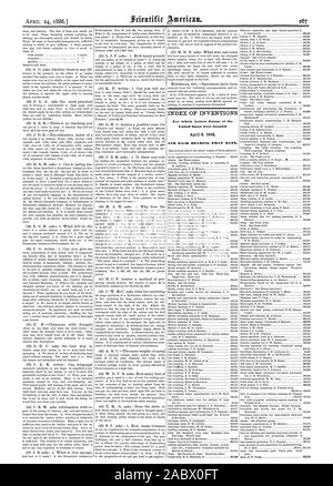 INDEX OF INVENTIONS For which Letters Patent of the United States were Granted, scientific american, 1886-04-24 Stock Photo