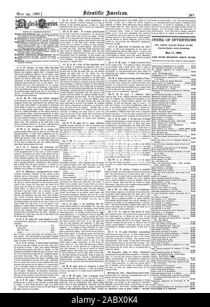 INDEX OF INVENTIONS For which Letters Patent of the United States were Granted May  1886, scientific american, 1886-05-29 Stock Photo