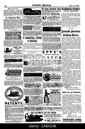 To Business Men. (THE ONLY GENUINE)  UNEQUALLED for CEMENTINC BARREL KEG dB Mention tills paper. ASBESTOS PATENTS. for Inventors. reasonable terms Designs Patents Appeals Reissues Infringements As signments Rejected Cases Hints on the Sale of Pa NUNN & CO. Solicitors ot Patents Tnhe O I lin' Paella . GRATEFUL-COMFORTING. modern Alexandria. Caesar's Ram the French dealers. BOLD MEDAL PARIS 1878. BAKER'S Broakfast Cocoa. Warranted absoluty pure Cocoa from which the excess of With Starch Arrowroot or Engel'. strengthening easily digested and admirahly adapted for invalids as Sold by Grocers Stock Photo