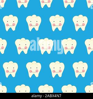Tooth with smiling face cartoon style seamless vector pattern. Dental repeating background with cute white teeth. Use for kids dentistry, dental Stock Vector