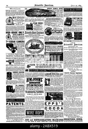 VICTORS ARE BEST Overman Wheel Co. Makers BOSTON. MASS. THE COPYING PADHOW TO MAKE HIGH-GRADE ONLY. COLUMBIA Bicycles Tricycles Tandems Safeties. Catalogue free. POPE MFG. THE KODAK CAMERA Makes 100 Instantaneous Division of Labor Price 5'25.00. Reloading 52.00 The EastmanDry Plate & Film Co. JENKINS' AUTOMATIC AIR VALVE THE PHONOGRAPH.A DETAILED PNEUMATIC DYNAMITE TORPEDO NUNN & CO. Solicitor of Patent. TOXICOLOGY PRESENT POSITION .J0 ASIESTOS STEAM PACKING Boiler Coverings Millboard Roofing to Building Felt Liquid Paints Etc. TR:AM:RIMEL 'EMU. 95 MILK ST. BOSTON MASS. This Company owns the Stock Photo