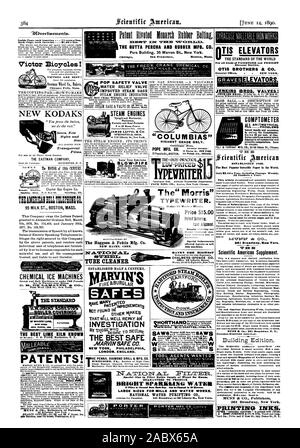 NEW KODAKS THE EASTMAN COMPANY THIAMMICA:10:1201BCO. 95 MILK ST. BOSTON MASS. This Company owns the Letters Patent granted to Alexander Graham Bell March 7th 1876 No. 174465 and January 30th 1877 No. 186787. The transmission of Speech by all known forms of Electric Speaking Telephones in fringes the right secured to this Company by the above patents and renders each individual user of telephones not furnish thereof and liable to suit therefor. CHEMICAL ICE MACHINES Steam and Belt Machines to make 700 Pounds ice in Twenty-four Hours. Q. Mi. Foot West 13th St. New York. PATENTS! STEAM ENGINES Stock Photo