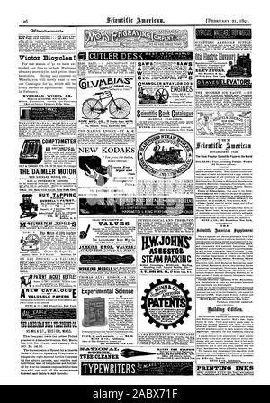 Victor Bicycles! OVERMAN WHEEL CO. Makers of VICTOR BICYCLES f 167 .Sz CO. (Ltd.). Beaver Falls Pa. CHANDLER & TAYLOR CO'S  IIEA 1E IRON RA Otis Eloctric Eloyator ELEVATORS Otis Brothers & Co. 38 Park Row New York GRAVE  S THE MODERN ICE YACHT. — BY COMPTOMETER (.712ADY FELT & TARRANT MFG. CO. 52-56 Illinois St. Chicago. THE DAIMLER MOTOR THE DAIMLER MOTOR CO. GAS or PETROLEUM MOTORS ANEW CATALOCUC TIE AERICAITIELL 95 MILK ST. BOSTON MASS. granted to Alexander Graham Bell March 7th 1876 No. 174465 and January 30th 1877 No. 186787. fringes the right secured to this Company by the above patents Stock Photo