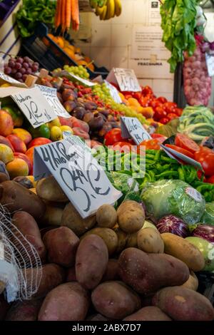 Fresh harvested fruits and vegetables from farmer for sale on weekly spanish market in Andalusia, Spain, close up Stock Photo